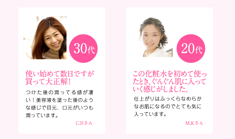 30代使い始めて数日ですが、買って大正解！　20代この化粧水を初めて使ったとき、ぐんぐん肌に入っていく感じがしました。